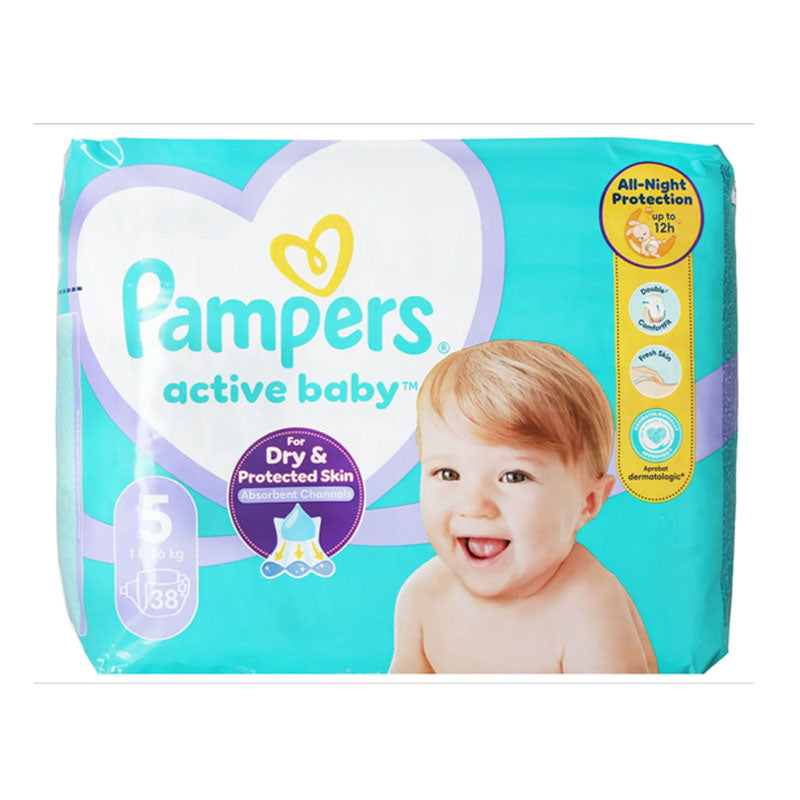 Pampers Active Baby Nappies Ultra Dry Diapers Leak Protection Baby Care Size 5 (Bag of 38 Nappies)