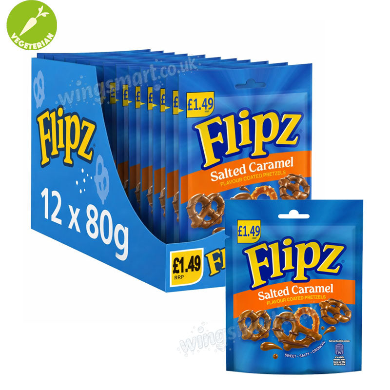 Flipz Cinnamon Bun & Peanut Butter Pretzels 80g PMP Sweet Coated Snacks (box of 12 packs)