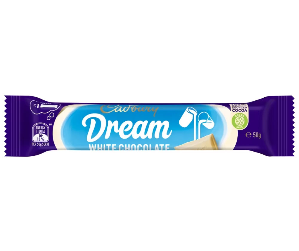 Cadbury Dream White Chocolate Bar 50g | Smooth Australian White Chocolate with Creamy Vanilla Flavor | Nostalgic Treat