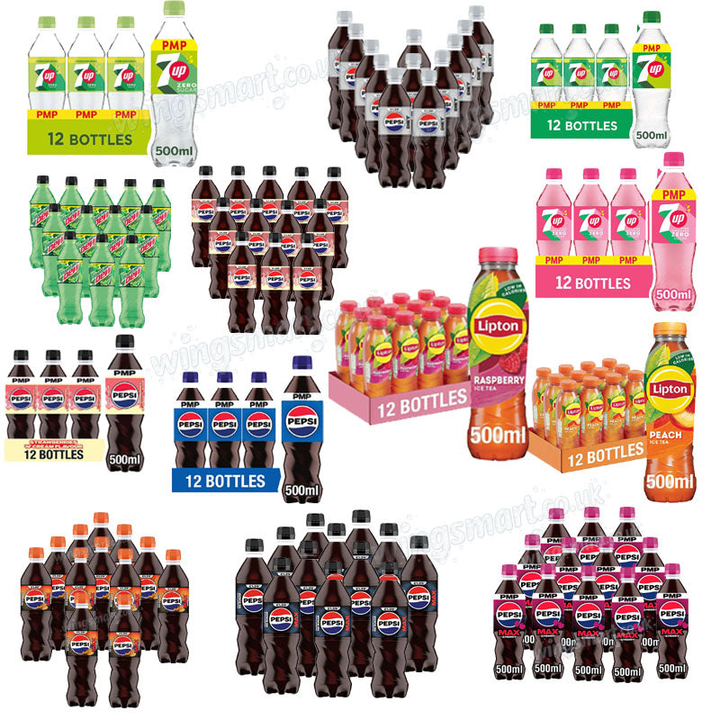 Summer Drinks Treats Variety of Flavoured Drinks (7UP, Lipton, Pepsi, Mountain Dew) 500ml Bottles Soft Drinks Refreshing Beverages