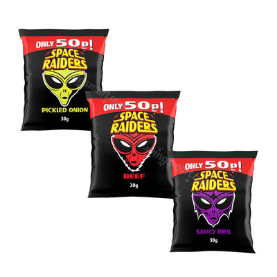 Space Raiders Crisps 30g Variety Pack Saucy BBQ Pickled Onion Beef
