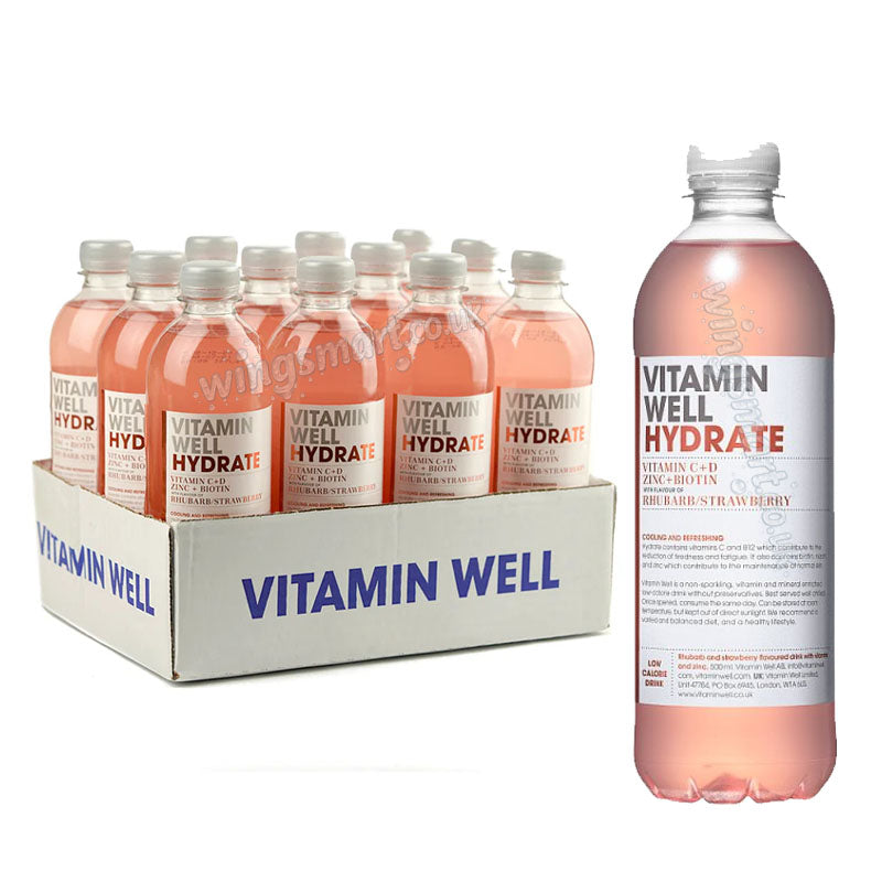 Vitamin Well Hydrate & Recover 500ml 12 Bottles Rhubarb Strawberry Peach Drinks