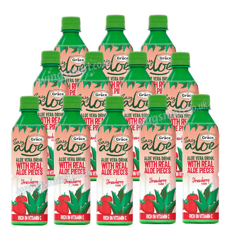 Grace Say Aloe Vera Drink Assorted Flavours 500ml x 12 Bottles – Mango, Strawberry & Original Refreshing Aloe Juice