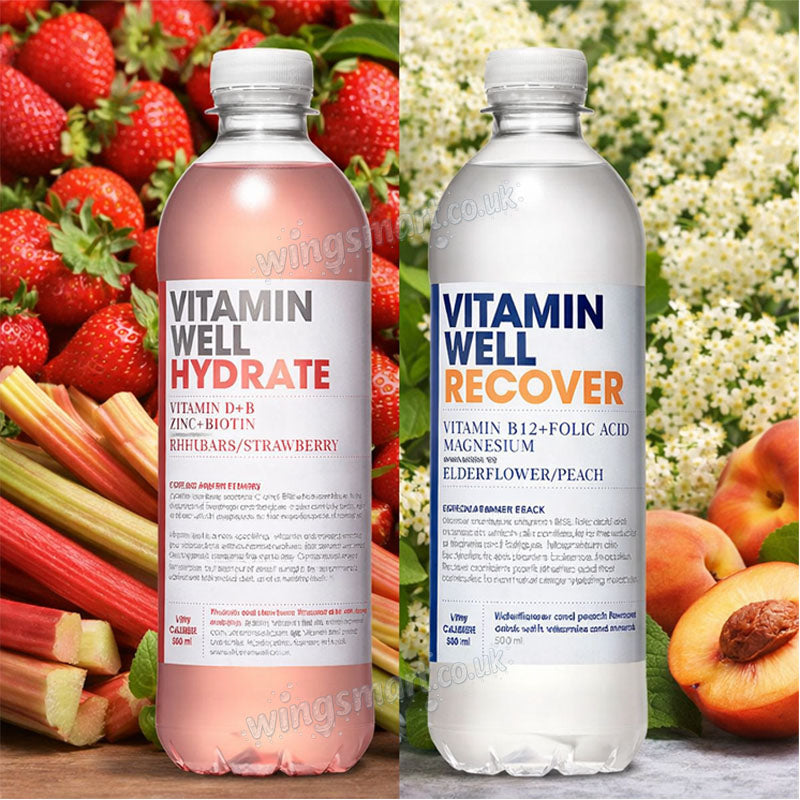 Vitamin Well Hydrate & Recover 500ml 12 Bottles Rhubarb Strawberry Peach Drinks