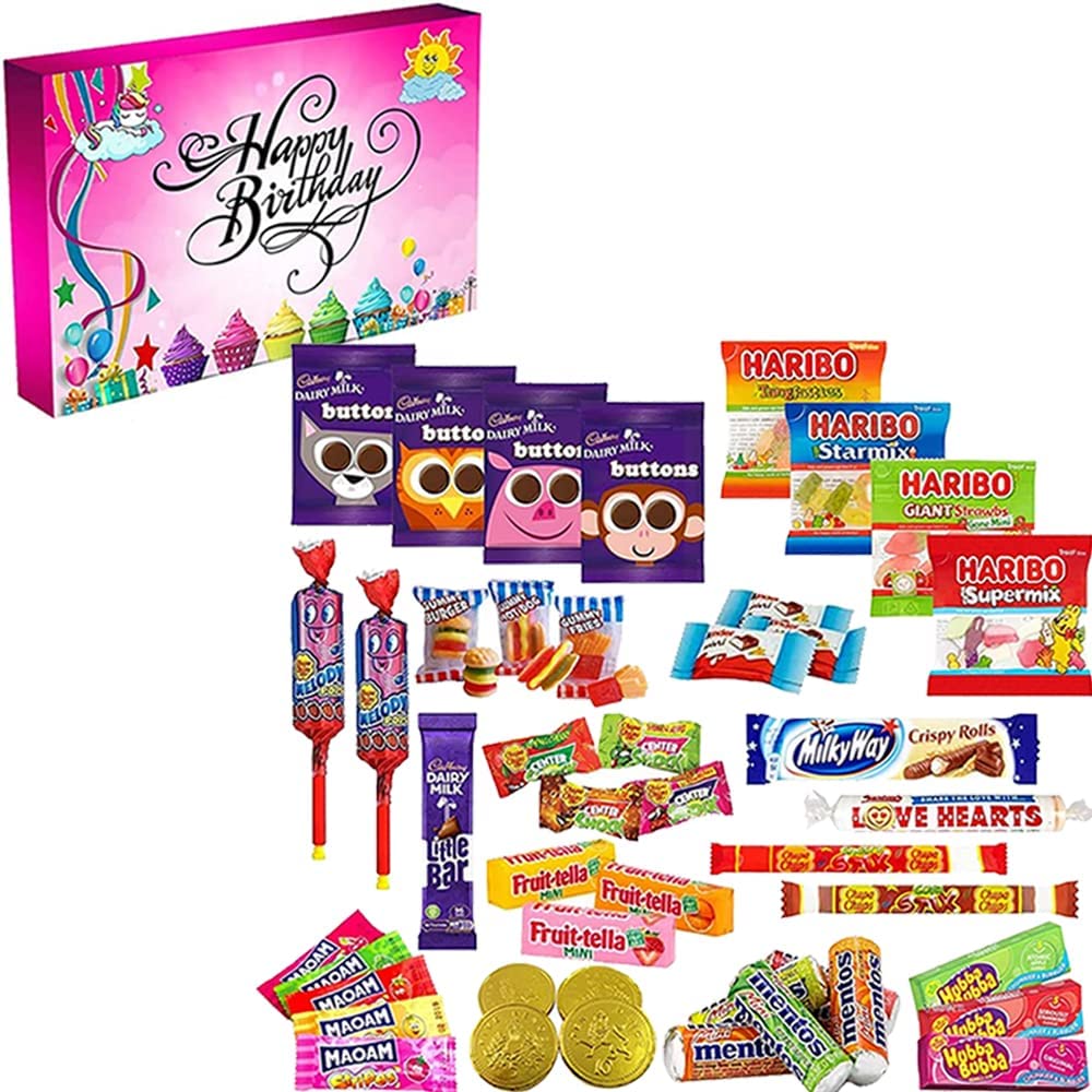 Retro Sweets & Chocolate Hamper Gift Box for Kids Parties and Birthdays - Happy Birthday Pink Colour C6 Size Box - WingsMart