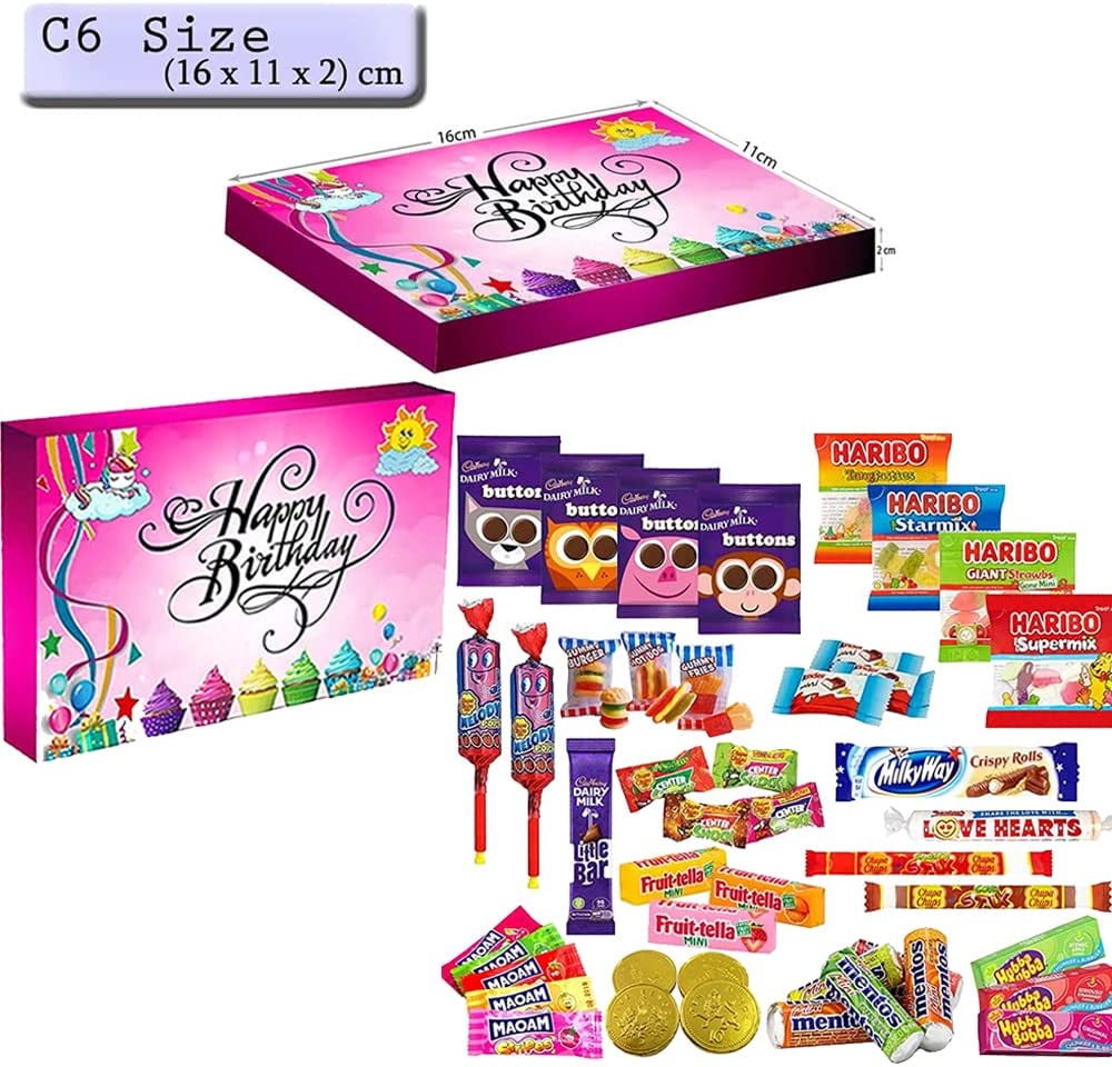 Retro Sweets & Chocolate Hamper Gift Box for Kids Parties and Birthdays - Happy Birthday Pink Colour C6 Size Box - WingsMart