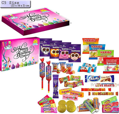 Retro Sweets & Chocolate Hamper Gift Box for Kids Parties and Birthdays - Happy Birthday Pink Colour C5 Size Box - WingsMart